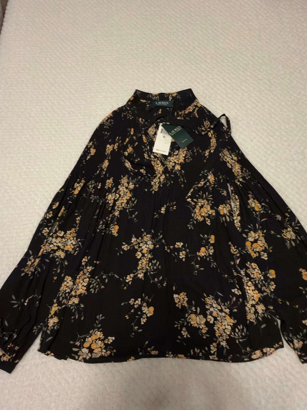 Ralph Lauren Black Floral Long-Sleeve Tie-Neck Top